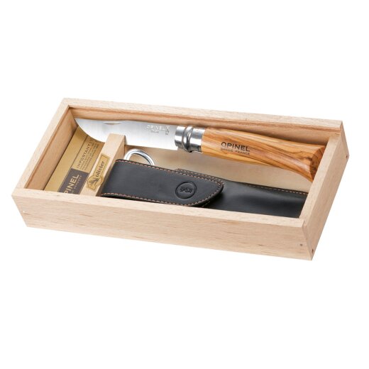 Opinel-Messer, Größe 8, Olivenholz, rostfrei, Etui, in Holzbox